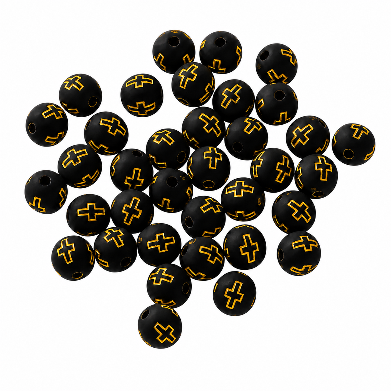 Plastové korálky 8 mm - čierna s krížikom -  cca 15g/55ks