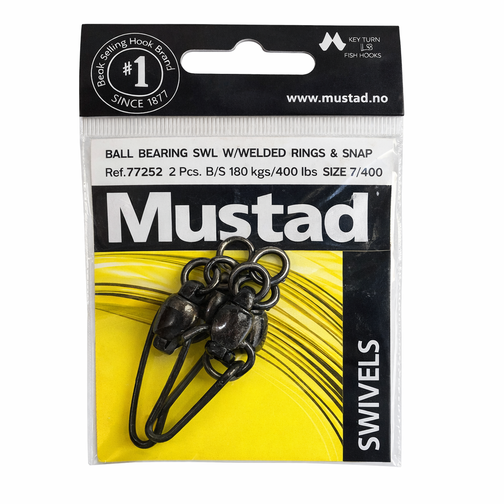 Mustad pevnostní obratlík s karabinou, 2 ks, 180 kg/400 lbs, velikost 7/0