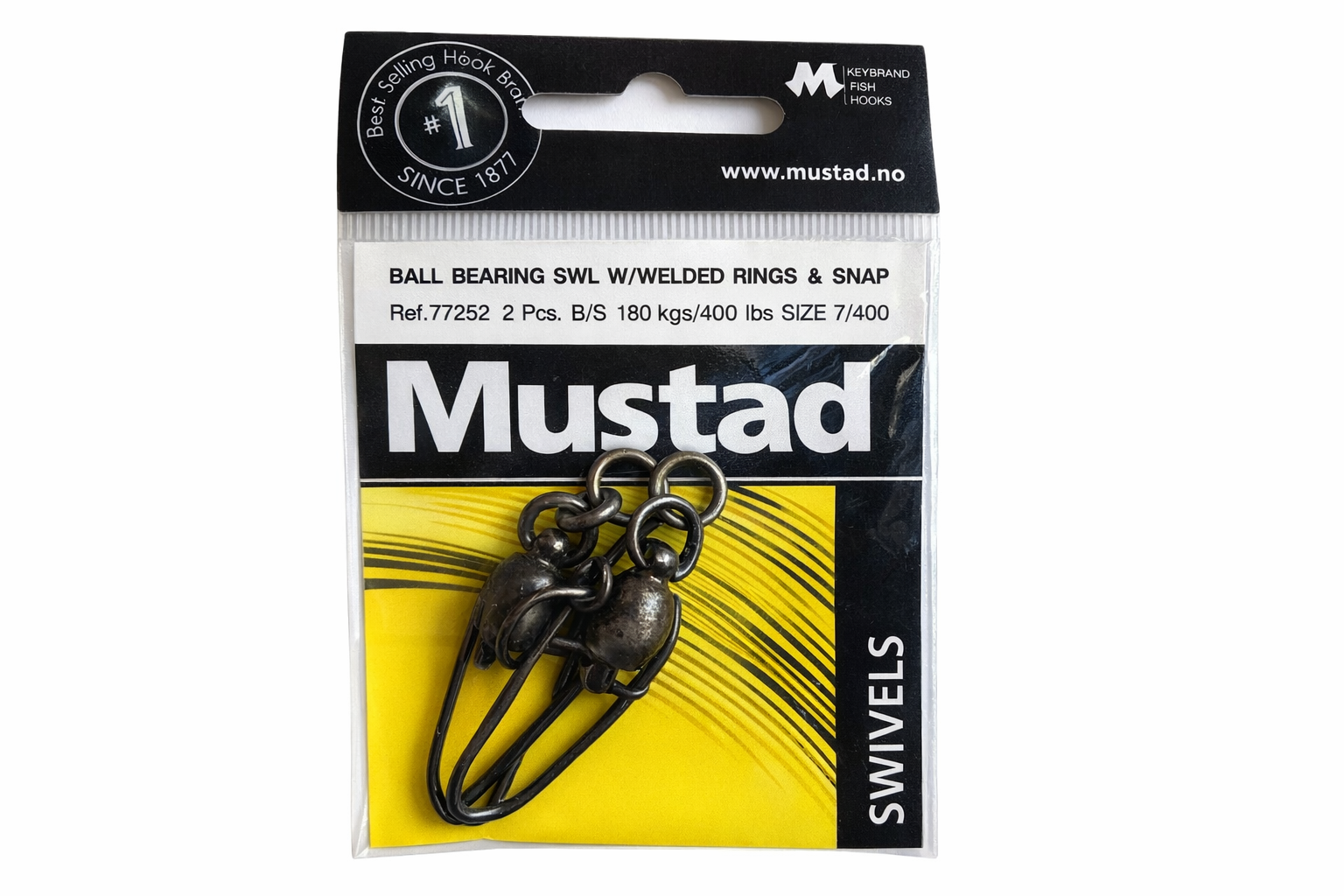 Mustad pevnostní obratlík s karabinou, 2 ks, 180 kg/400 lbs, velikost 7/0