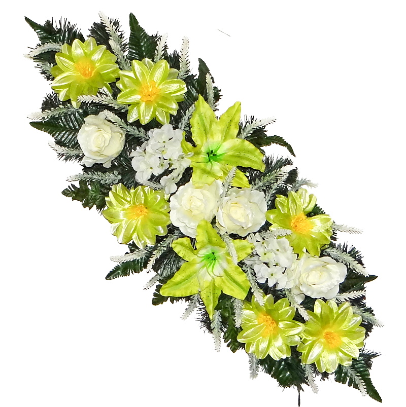 Náhrobná ikebana 2 zelené ľalie, krémové ruže, zelené kvety, čečinová podložka 85 cm Dušičky