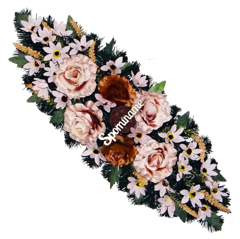 Náhrobná ikebana – ružové a hnedé ruže, biele kvietky, sušený lotos, čečinová podložka 83 cm