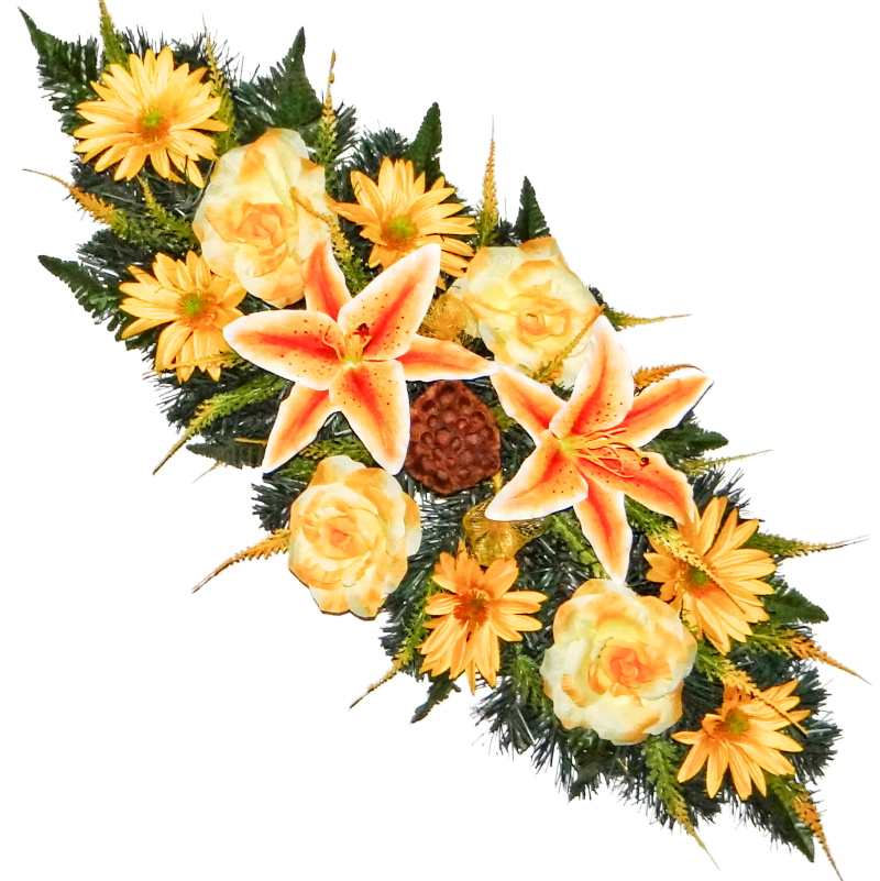 Náhrobná ikebana s oranžovými ľaliami a žltými ružami, 85 cm
