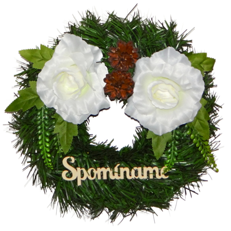 Spomienkový veniec na hrob – 2 veľké biele ruže, prírodné šišky, nápis Spomíname, 30 cm