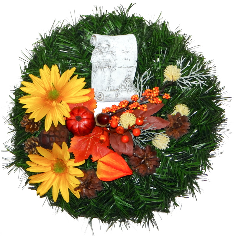 Jesenná náhrobná dekorácia s anjelom pre otca – veniec, žlté kvety a šišky, 38 cm